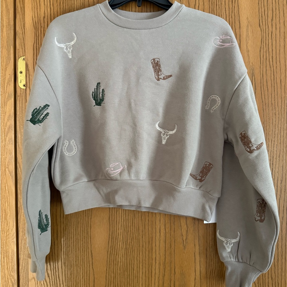 Cotton Essentials Light Brown Western Embroidered Themed Cropped Sweatshirt